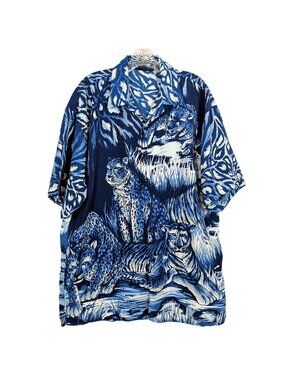 Vintage 90s No Contest Ringo Sport Shirt Mens L Blue Safari Leopard Tiger Y2K